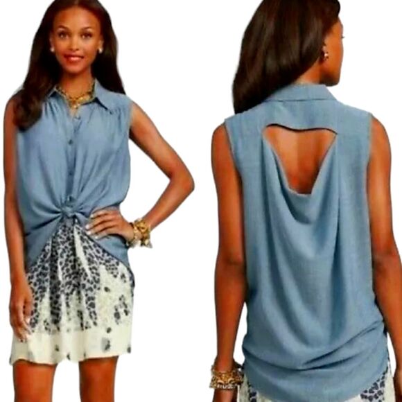 Cabi Top Tunic Blue Chambray Drape Open Back Hi Low Blouse Flowy Button‎ 387 S - Picture 1 of 13